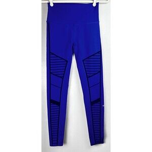 Alo Yoga Women's Flocked High Waisted Royal Blue Velvet Trim  Moto Leggings XS